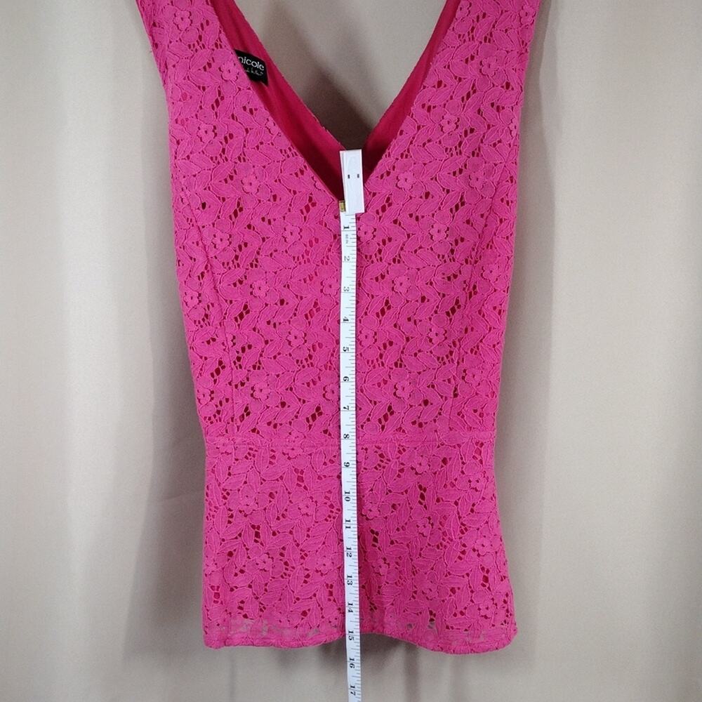 Nicole by Nicole Miller Hot Pink Lace Sleeveless Peplum V Neck Top Flowy Blouse - Picture 7 of 10